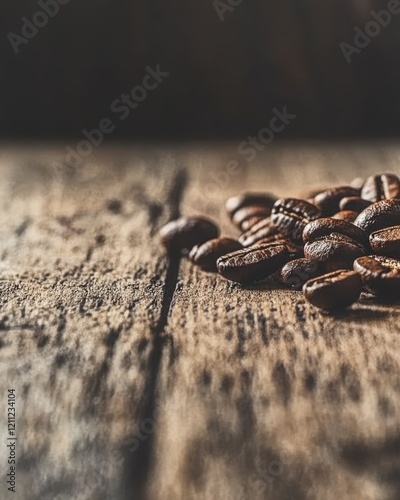 Close-Up View of Roasted Coffee Beans Scatter on Rustic Wooden Surface, Highlighting Rich Texture and Color Contrast in Natural Light photo