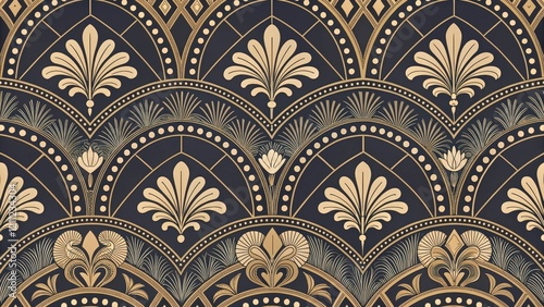 Elegant Art Deco Inspired Seamless Pattern with Golden Floral and Geometric Motifs on a Dark Background