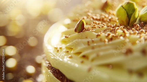 Indulge in this exquisite Gourmet Pistachio and Chocolate Entremet A layered masterpiece showcasing rich textures and a glossy, decadent finish This fine dining dessert close-up reveals intricate photo