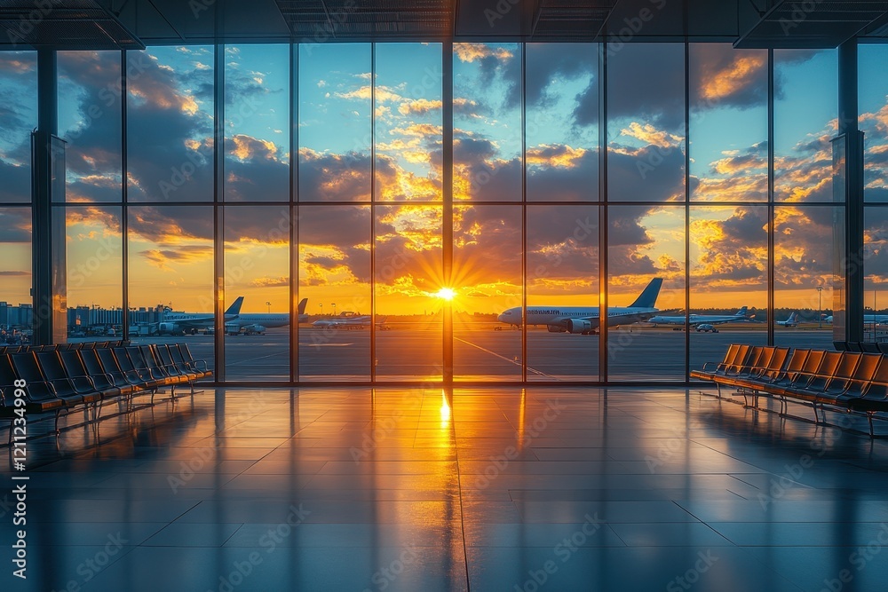 Fototapeta premium Sunny day airport waiting area with large glass windows, modern and spacious design
