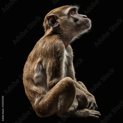 Close-Up of a Monkey with Brown and Gray Fur Sitting Against Black Background