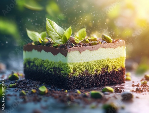 Indulge in this exquisite Rich Chocolate Pistachio Entremet A layered dessert masterpiece showcasing artistic luxury presentation, fine garnish, and delectable textures This sophisticated confection photo