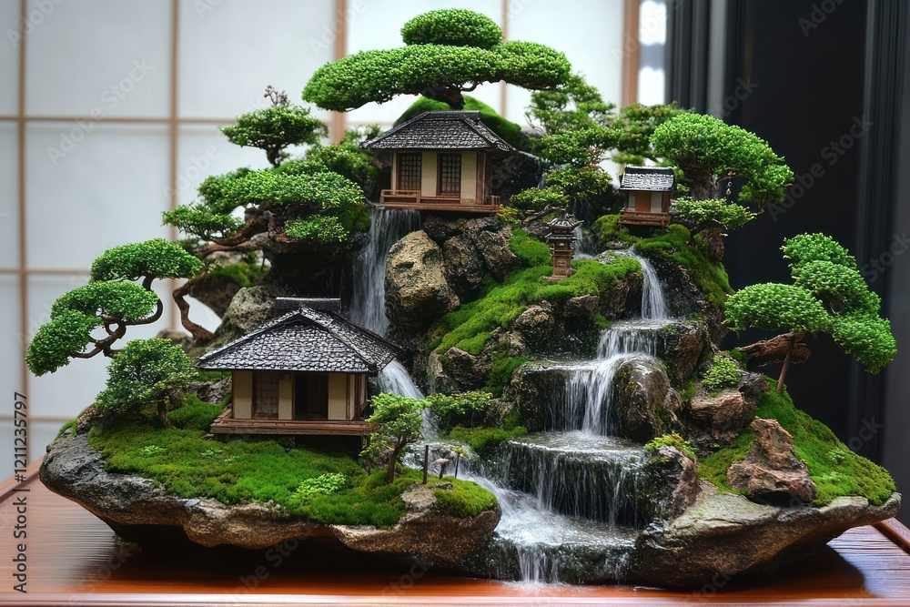 Fototapeta premium Miniature Japanese garden landscape with waterfall, bonsai trees, and houses.