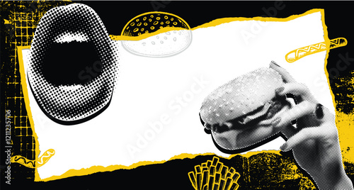 Pop art halftone collage, a fast food theme, with a torn paper border, a burger in hand and an open mouth. Includes dotted vector elements and a torn paper border, a playful fast food doodle poster.