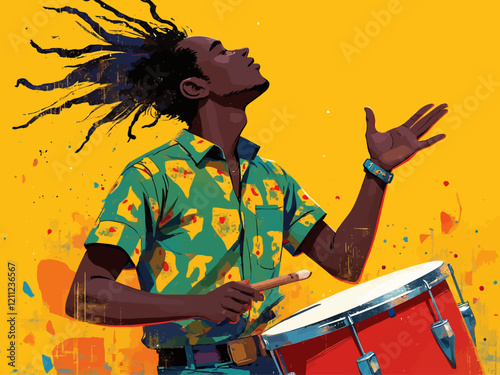 youthful african man just vibing DRUMS in nigeria brazil flag colour with no flags preset