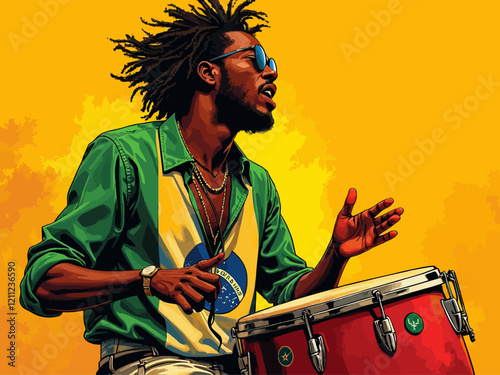 youthful african man just vibing DRUMS in nigeria brazil flag colour with no flags preset