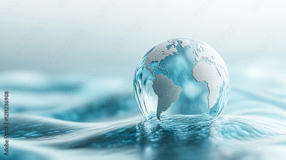 A globe on the background of abstract waves, a light blue color scheme, a white background, a blurred image of a world map in gray tones A globe on the background of abstract waves, a light blue color scheme, a white background, a blurred image of a world map in gray tones