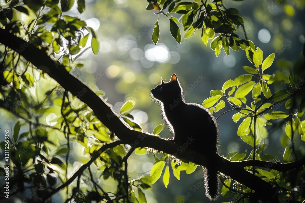 Silhouette of a Cat Sitting on a Branch Amidst Lush Green Leaves in a Sunlit Forest, Capturing the Essence of Nature and Serenity Silhouette of a Cat Sitting on a Branch Amidst Lush Green Leaves in a Sunlit Forest, Capturing the Essence of Nature and Serenity