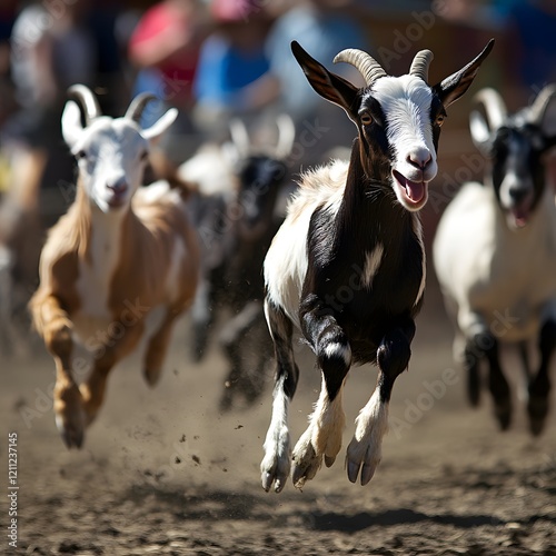 Playful Goats Racing and Jumping in a Country Rodeo Setting