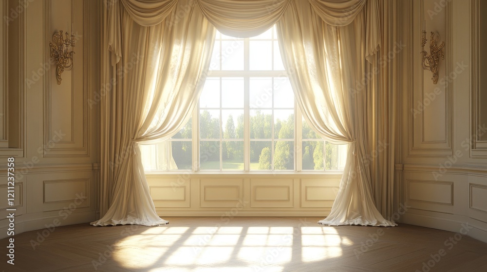 Fototapeta premium 5.A classic interior featuring an expansive window with curtains elegantly tied back, letting in the beauty of natural light that highlights the graceful simplicity of the roomâ€™s decor, evoking a