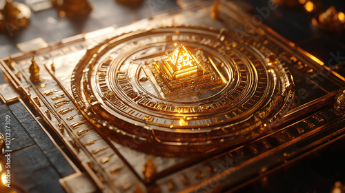 A gold-plated Vastu Yantra, etched with sacred geometric patterns, used for attracting wealth, prosperity, and success. Perfect for placing in homes, offices, or temples
