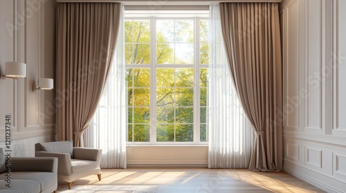 5.A classic interior featuring an expansive window with curtains elegantly tied back, letting in the beauty of natural light that highlights the graceful simplicity of the roomâ€™s decor, evoking a photo