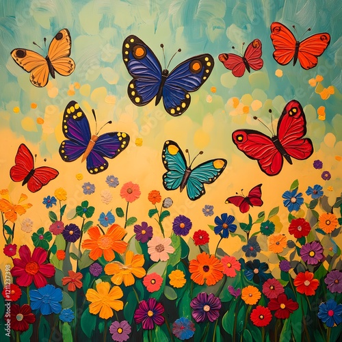 Vibrant Butterfly Garden with Colorful Flowers and Fluttering Butterflies