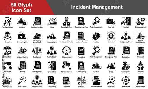 Incident Management Icon Set Collection. Containing Measurement, Procedure, Risk Management, Evaluation, Prepared, Response, Investigation, Evacuation, Communication. Simple Glyph Vector Illustration.