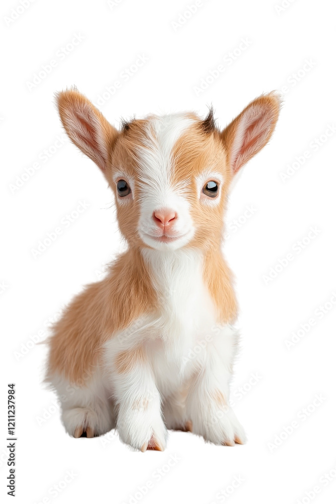 Fototapeta premium A baby goat, isolate on white background, with small horns and a curious, playful expression. cutout png