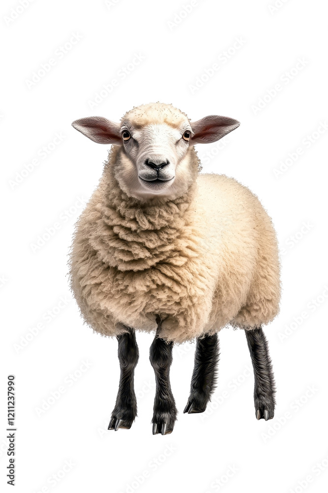 Fototapeta premium A sheep standing on all fours, isolate on white background, showcasing its woolly texture and features. cutout png