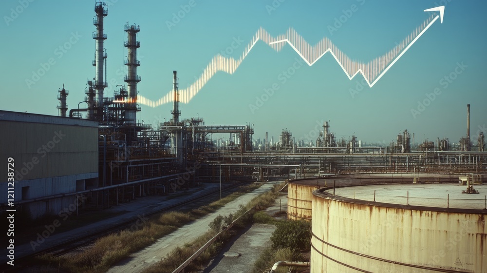 Obraz premium 36.A wide-angle view of an oil refinery or petrochemical plant, with large tanks and pipes in the foreground. An arrow or bar chart overlays the image, showing growth in production or market demand.