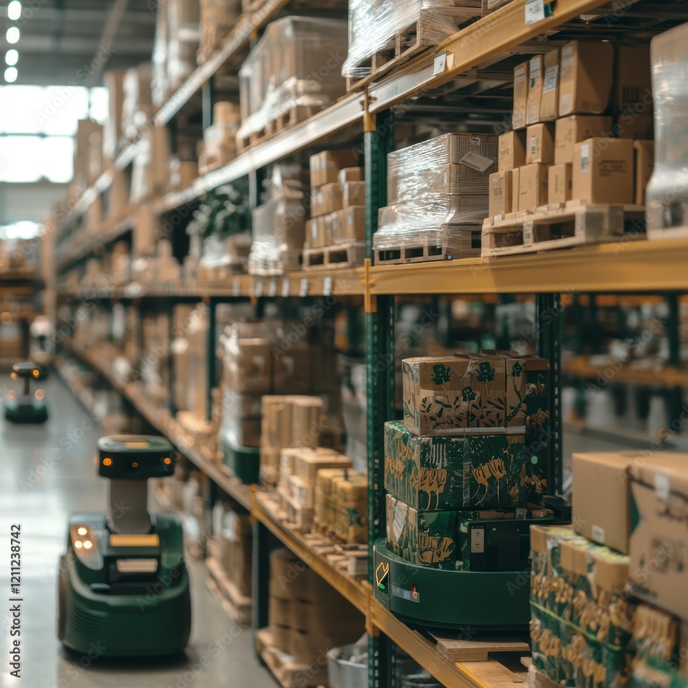 Automated Warehouse Robots Delivering Packages on Shelves Automated Warehouse Robots Delivering Packages on Shelves