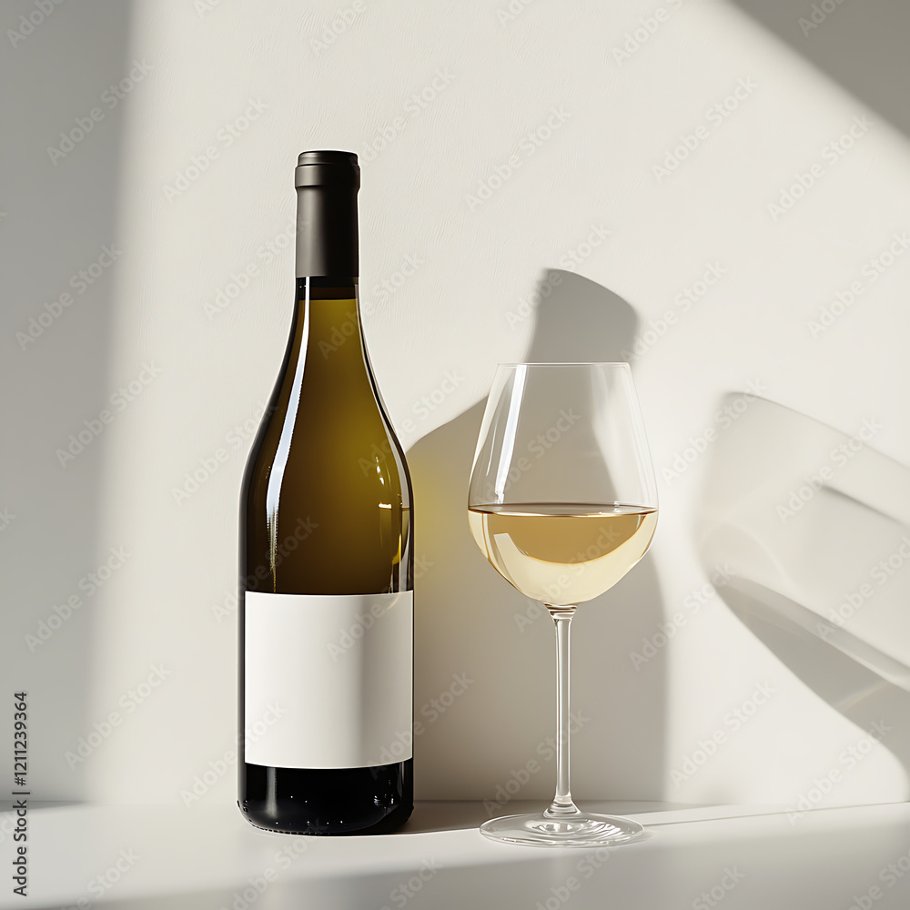 high-angle shot of a wine bottle with a glass, minimalistic background high-angle shot of a wine bottle with a glass, minimalistic background