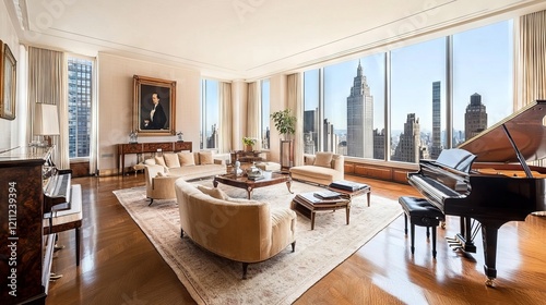 49.A beautifully decorated living room featuring sleek hardwood floors, a grand piano, and tastefully arranged elegant furniture. Large windows allow natural light to flood the room, highlighting the