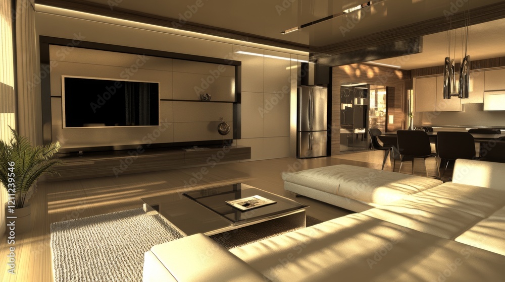 52.A luxurious apartment interior with a contemporary design, featuring a spacious living area with a plush sofa and modern TV wall. The kitchen and dining room are elegantly connected, offering a 52.A luxurious apartment interior with a contemporary design, featuring a spacious living area with a plush sofa and modern TV wall. The kitchen and dining room are elegantly connected, offering a