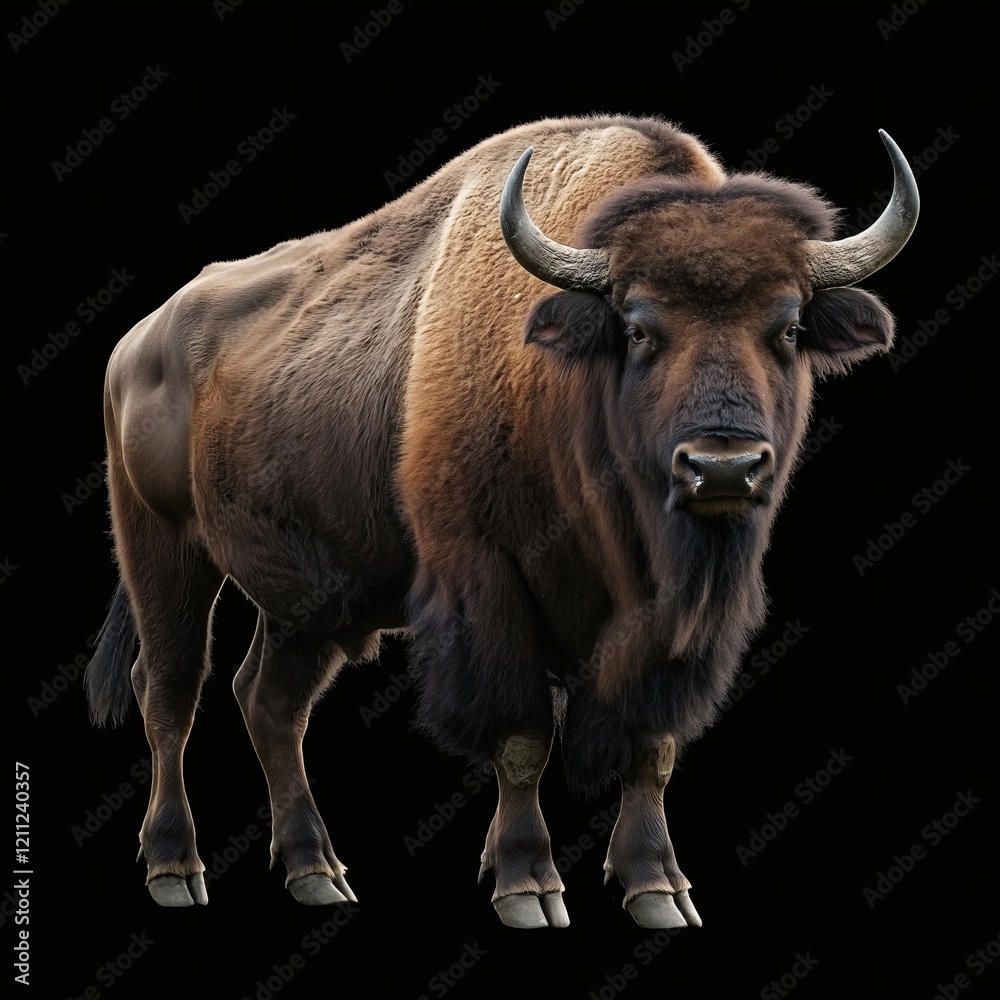 Close-Up of a Bison with Prominent Curved Horns and Thick Fur Against Black Background Close-Up of a Bison with Prominent Curved Horns and Thick Fur Against Black Background