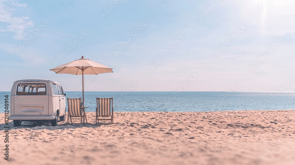 Sunny Beach Vacation Retro Van Chairs Umbrella Ocean View Sunny Beach Vacation Retro Van Chairs Umbrella Ocean View