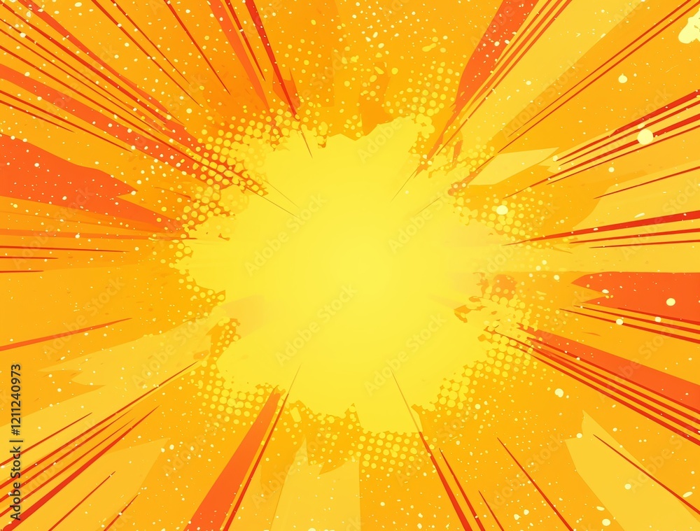 Fototapeta premium Comic book style explosion background with yellow and orange rays, halftone dot lines, and dynamic arrows, creating a sense of power and energy in pop art cartoon style.