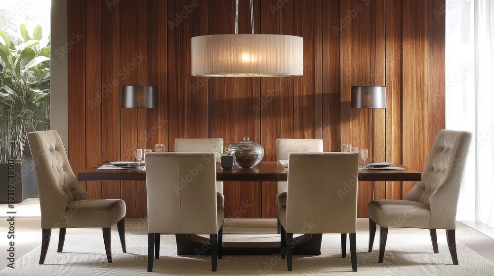 Fototapeta premium 90.A stylish and contemporary dining room featuring a wooden table with six beige chairs. The backdrop includes a wooden panel wall that adds texture and warmth to the space. Pendant lighting