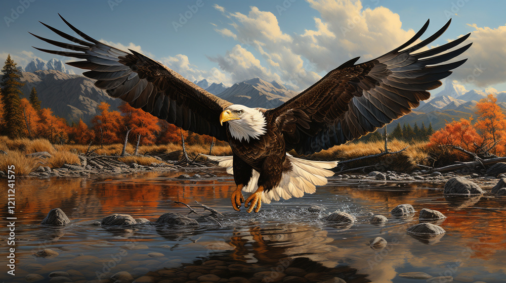 Majestic Bald Eagle in Flight Dramatic Sunset Landscape Majestic Bald Eagle in Flight Dramatic Sunset Landscape