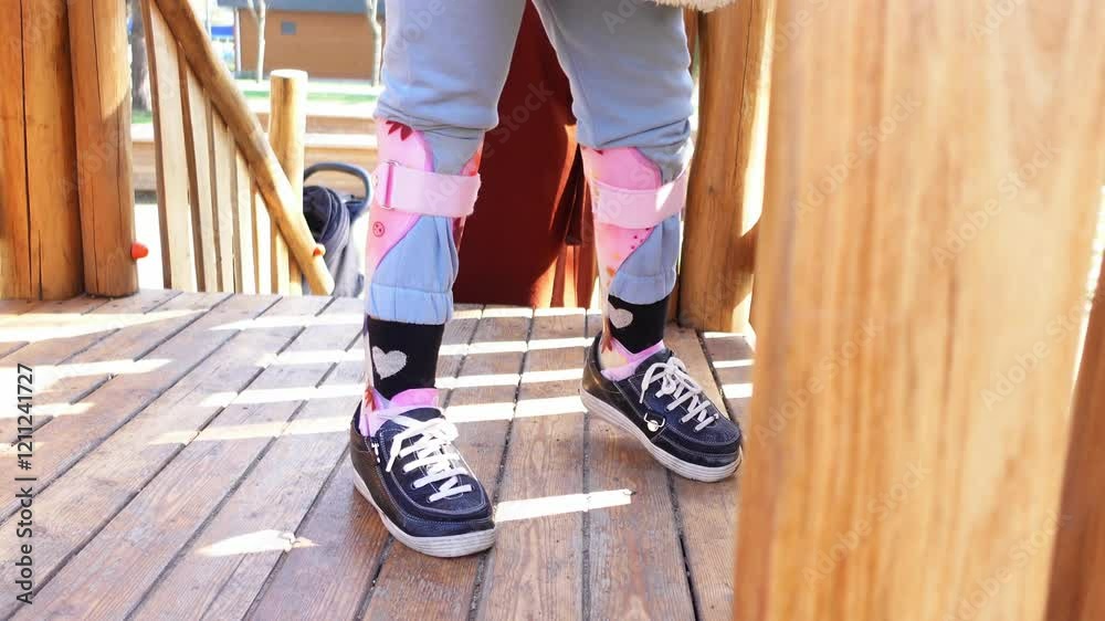 Child Wearing Cool Braces on Legs Standing on Wooden Play Area Child Wearing Cool Braces on Legs Standing on Wooden Play Area