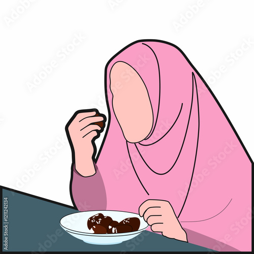 Muslim woman wearing hijab eating iftar dates fruit illustration
