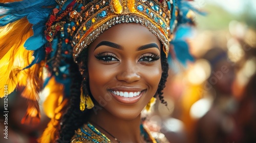 Smiling woman, Carnival headdress, parade background, celebratory event