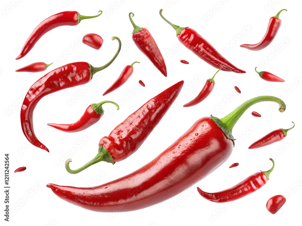 Red hot chili peppers with Flying falling red chili peppers isolated on transparent white background,
Red hot chili peppers with Flying falling red chili peppers isolated on transparent white background,