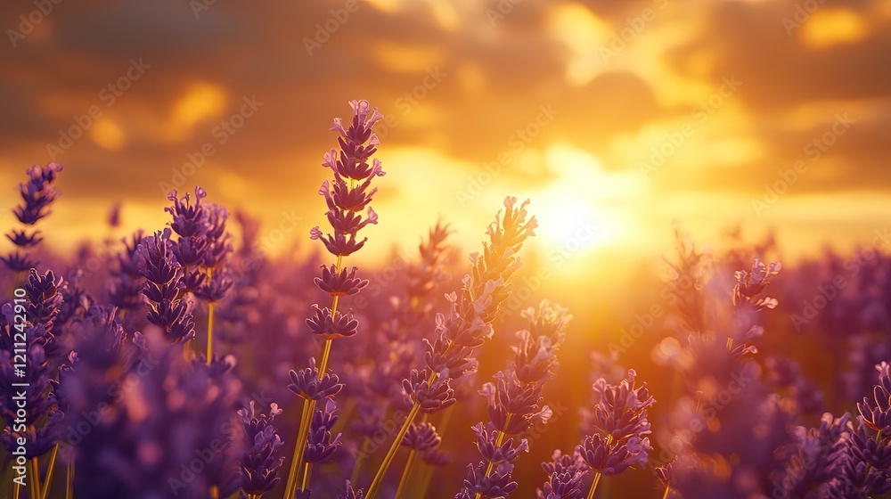 Obraz premium Golden hour over a lavender field, tranquil and aromatic scene 