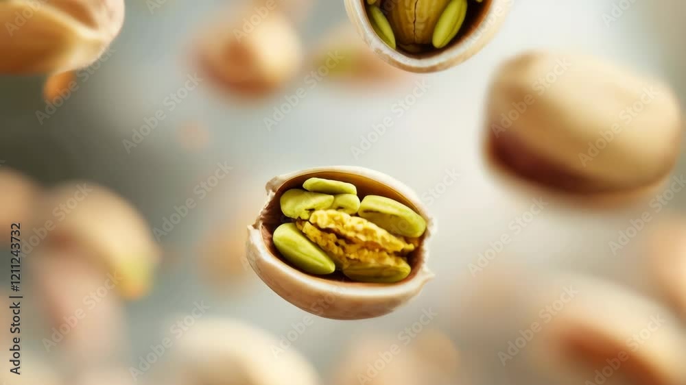 Floating pistachios in midair burst open releasing nuts in slow motion