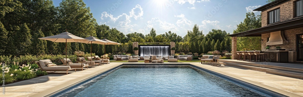 Fototapeta premium Luxurious Outdoor Living Space with Swimming Pool, Lounge Chairs, and Outdoor Kitchen in a Lush Garden Landscape - Sophisticated and Modern Design Architecture Stock Photo