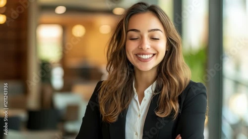 Wallpaper Mural Confident businesswoman smiling and closing eyes in modern office setting Torontodigital.ca