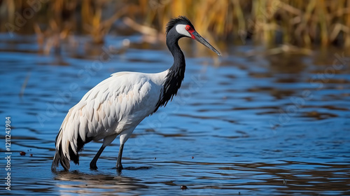 Majestic Black-Necked Cranes ( grus nigricollis) Standing In A Golden Field Gaze Towards Each Other On Blurry Background photo