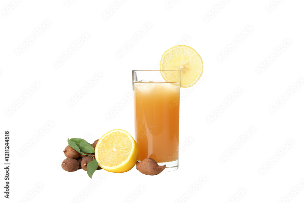 PNG,Tamarind juice in a glass with an orange, isolated on white background PNG,Tamarind juice in a glass with an orange, isolated on white background