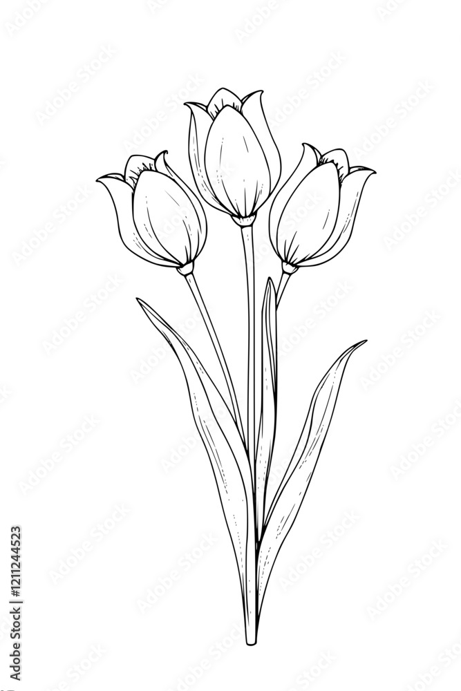 Black and white sketch of three tulips with long stems and leaves. A minimalist style that emphasizes the elegance and delicacy of flowers.