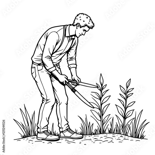 Black and white vector sketch, a man uses garden shears to trim plants in the garden. In the foreground are tall plants with many leaves. Minimalistic style