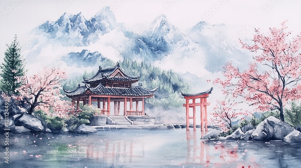 Obraz premium Watercolor painting of mountains and rivers with an ancient Chinese Shrine