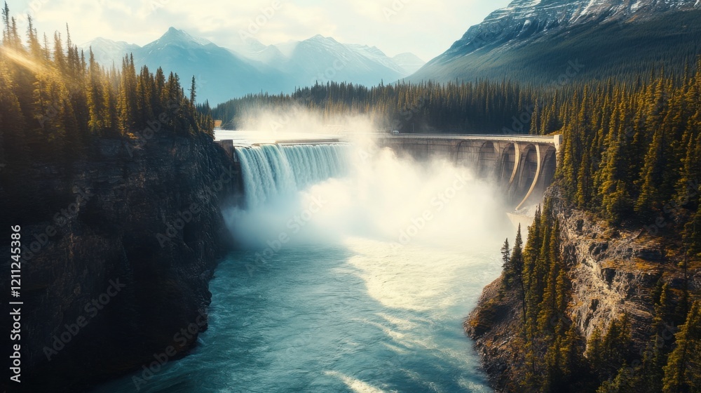 Fototapeta premium Grand Dam with Rushing Water and Forested Mountains