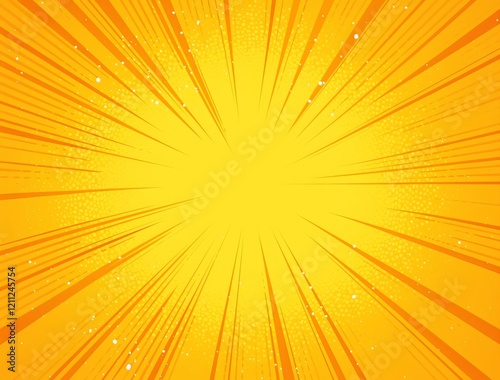 background with yellow rays and orange halftone dots in comic book style, bright sun explosion with red burst of energy, halfton texture, space for text.