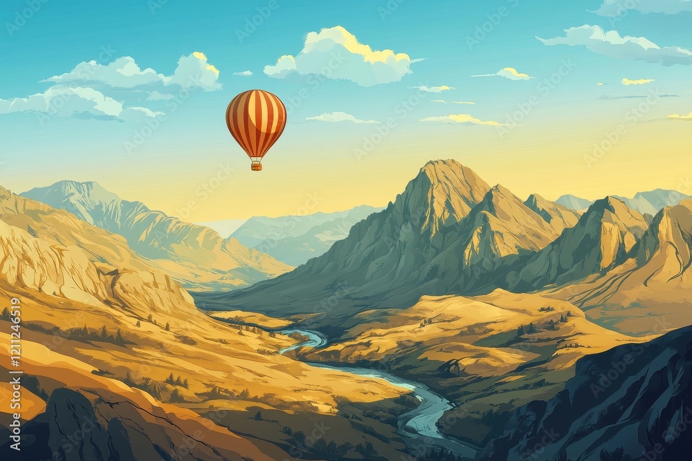 Hot Air Balloon Soaring Over Majestic Mountain Valley Hot Air Balloon Soaring Over Majestic Mountain Valley
