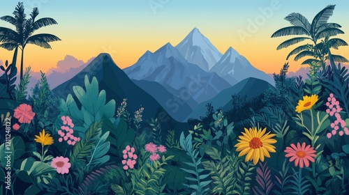 Tropical Paradise at Sunset Majestic Mountains Rise