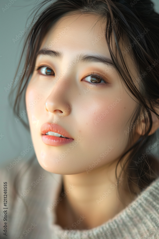 Obraz premium Asian woman with natural make up, long black hair isolated on white background