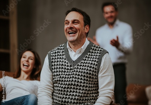 A man erupts in joyous unrestrained laughter his friends blurred in happy background motion