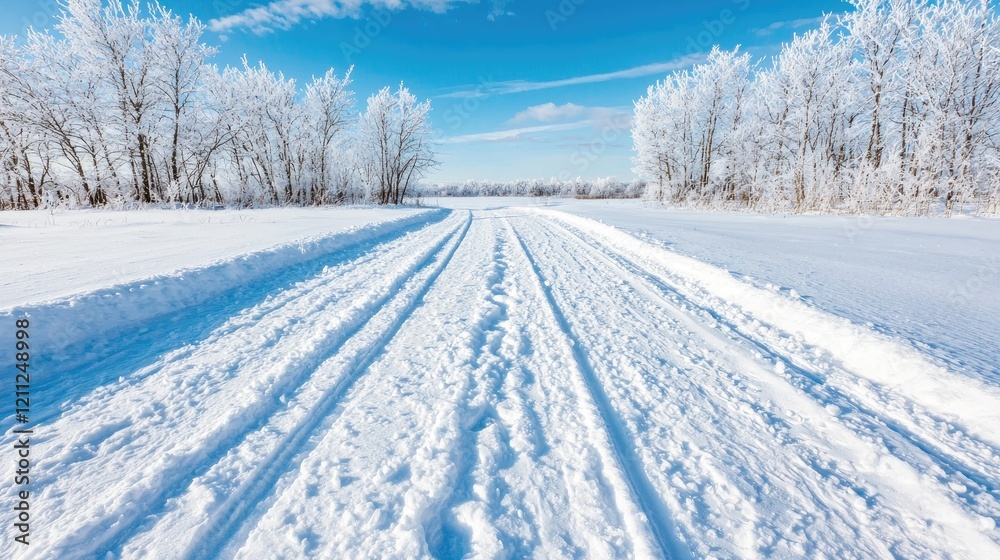 Snowy path through winter landscape, perfect for cross-country skiing or snowshoeing Snowy path through winter landscape, perfect for cross-country skiing or snowshoeing